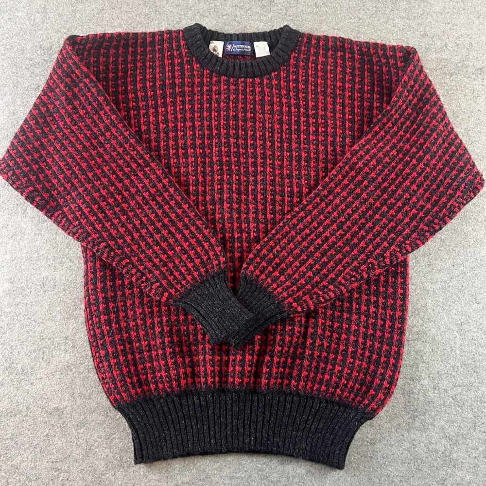 Vintage 80s Austin Reed Mens Red Black Shetland Wool Sweater Made in Scotland XL